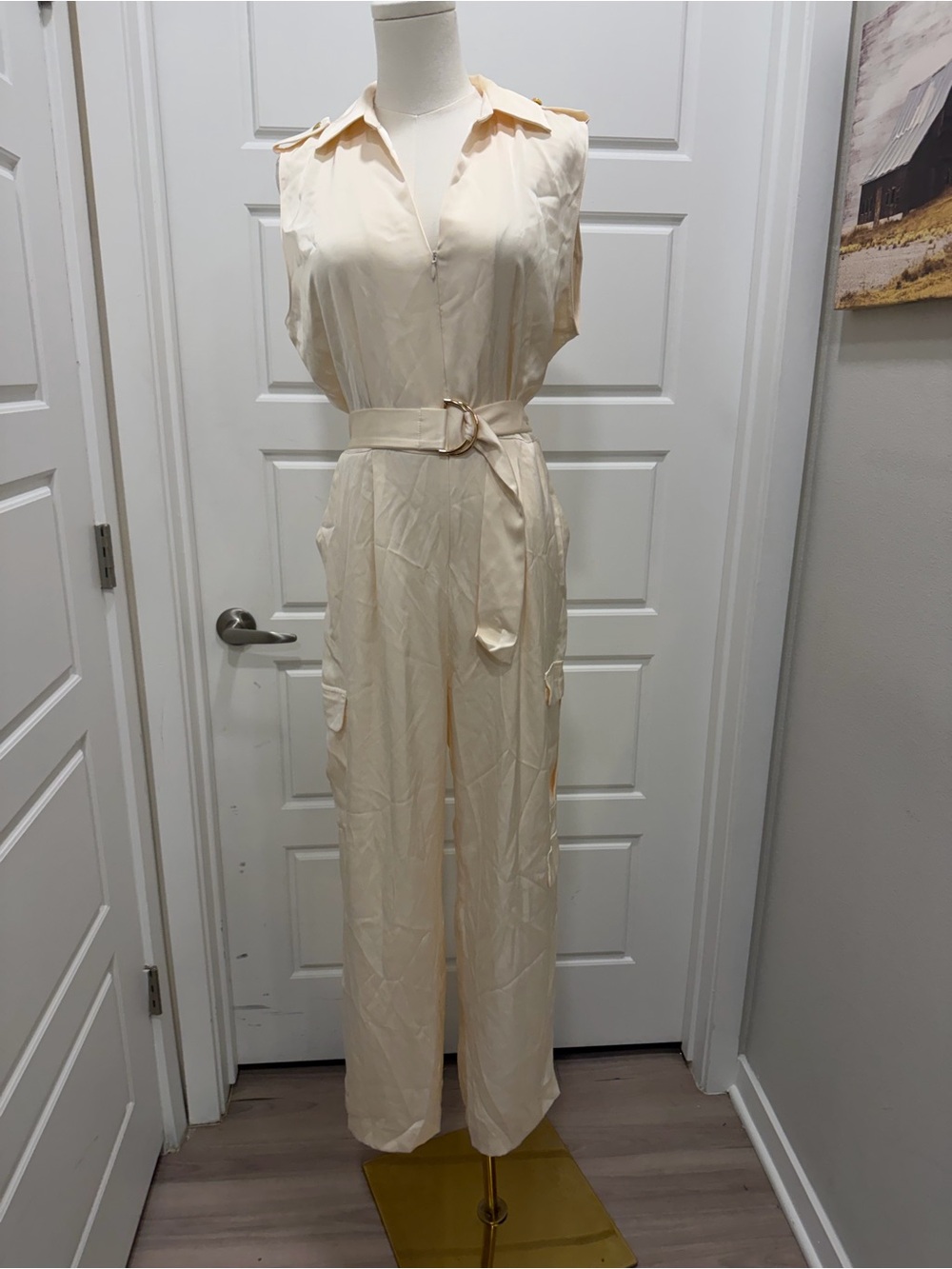 Zara Sleeveless Satin Cream Utility Jumpsuit with Belt NWT - Picture 3 of 9